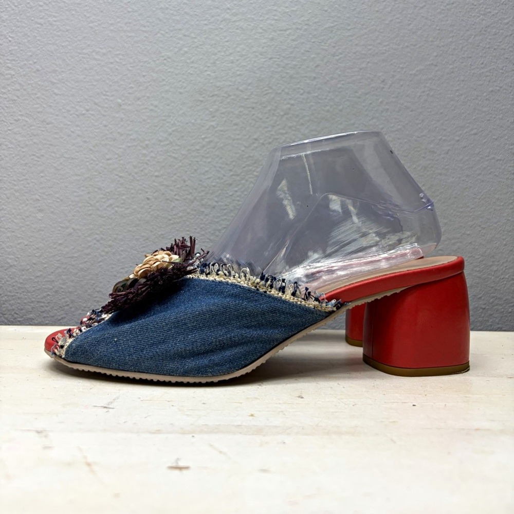Isabelle Paris Blue Denim Floral Fringe Open Toe Mule Block Heels Size 10
